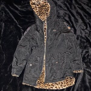 DKNY Black Puffer Jacket with Leopard Lining